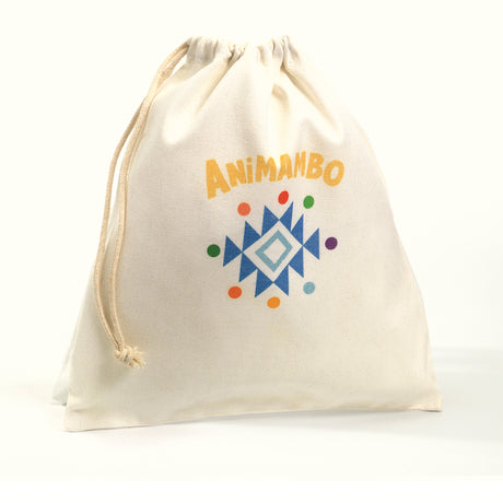 Animambo drawstring cotton toy storage bag with colorful geometric logo and sun design on white background.