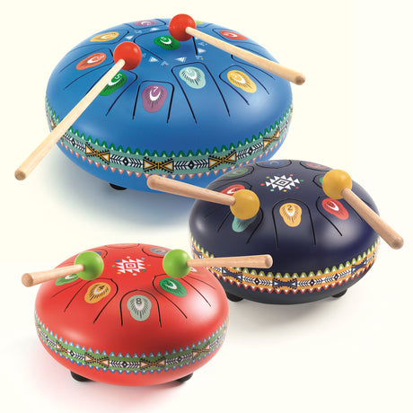 Colorful steel tongue drums for kids with mallets, featuring numbered notes and tribal patterns.