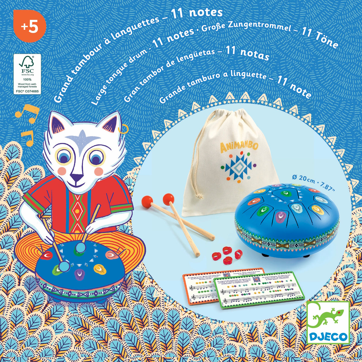 Djeco Animambo Large Tongue Drum set with 11 notes, mallets, song sheets, and storage bag for kids ages 5+.