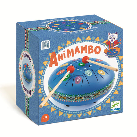 Djeco Animambo steel tongue drum for kids with two mallets in colorful illustrated packaging.