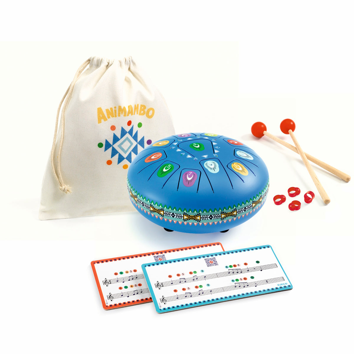 Djeco Animambo steel tongue drum set with mallets, music cards, and storage bag for kids' musical play.
