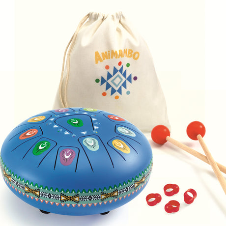 Blue Animambo children's steel tongue drum with mallets, finger picks, and a canvas storage bag.