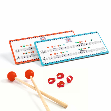 Djeco Animambo xylophone music cards with wooden mallets and color-coded finger rings for kids' music learning.