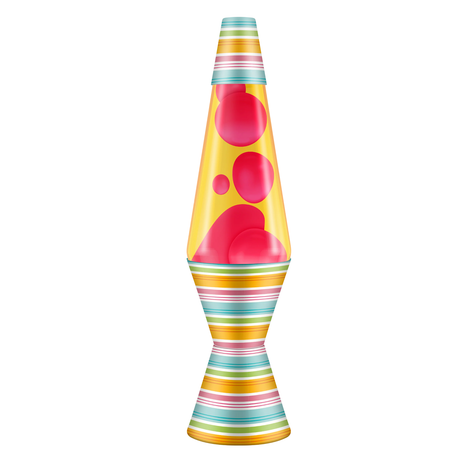 A retro lava lamp with red wax in yellow liquid featuring a colorful beach umbrella striped base and cap.