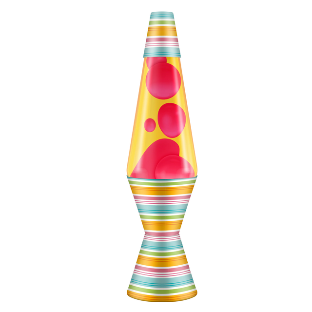 A retro lava lamp with red wax in yellow liquid featuring a colorful beach umbrella striped base and cap.