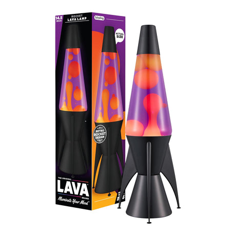 14.5-inch Schylling Retro Rocket Lava Lamp with purple liquid and orange wax, including the original product packaging.