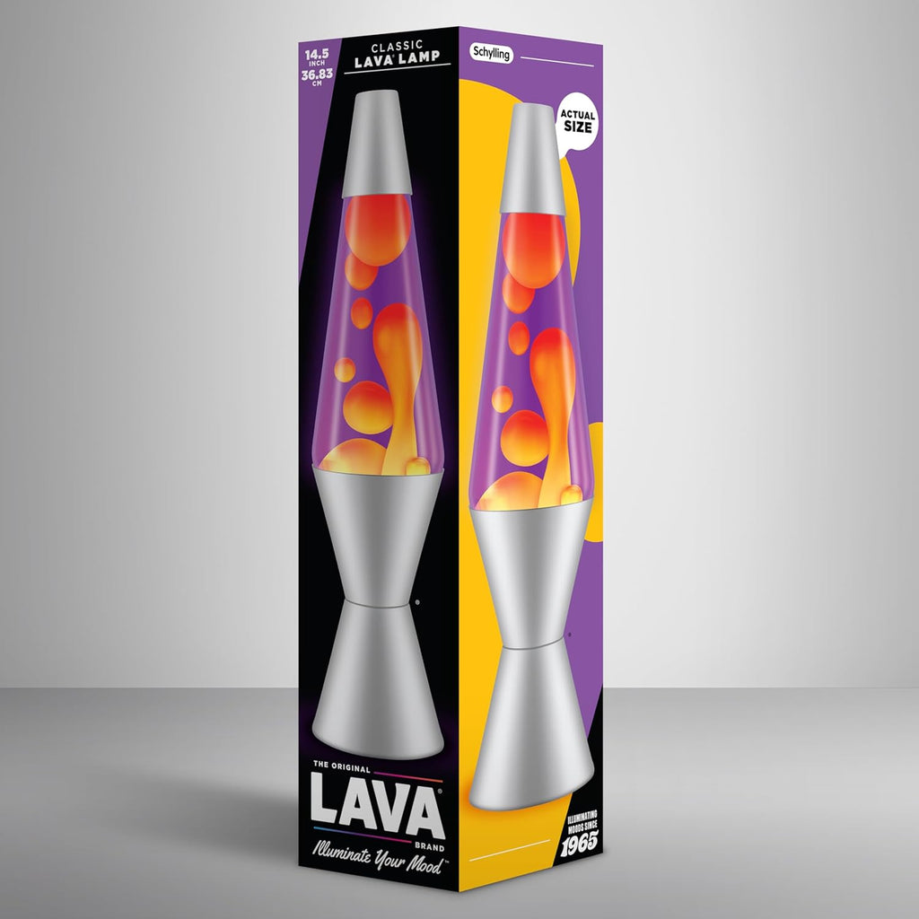 A box displaying a classic lava lamp with silver base and cap. Orange blobs float in purple liquid. Labels include "Lava" and "Illuminate Your Mood!"