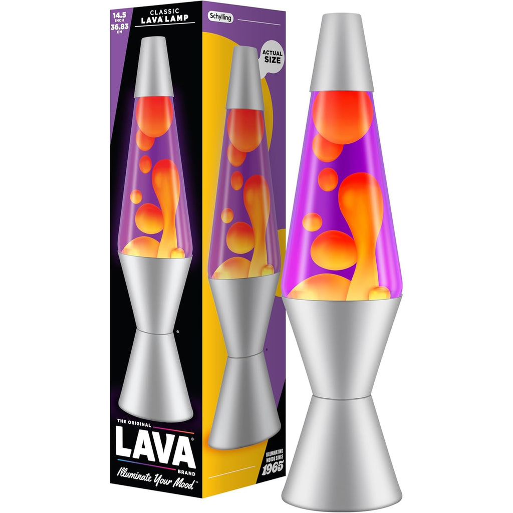 A classic lava lamp with silver base and cap, displaying flowing orange blobs in a purple liquid. Lamp and packaging convey a retro, vibrant vibe.