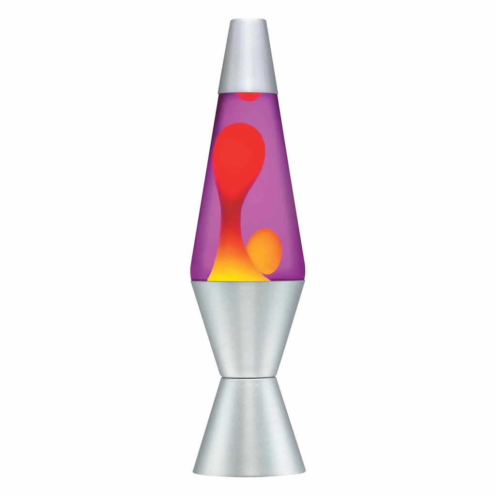 A silver lava lamp with purple liquid and flowing red and orange blobs, creating a retro, calming ambiance. The lamp is centered on a white background.