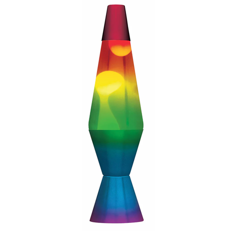 Retro rainbow gradient lava lamp with floating yellow wax blobs on a white background.