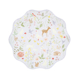 Scalloped paper plate with a watercolor illustration of woodland animals, birds, and wildflowers.