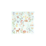 Light blue square paper napkin with illustrations of woodland animals, birds, and flowers.