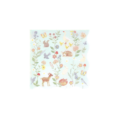 Light blue square paper napkin with illustrations of woodland animals, birds, and flowers.