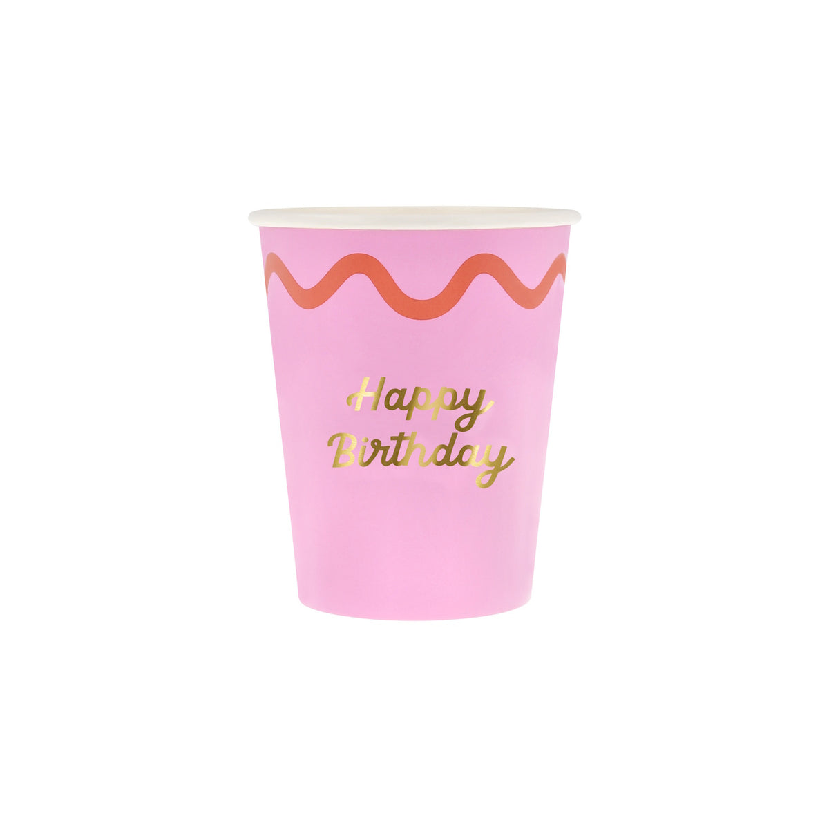 A pink paper cup with an orange wavy border and "Happy Birthday" written in gold script.