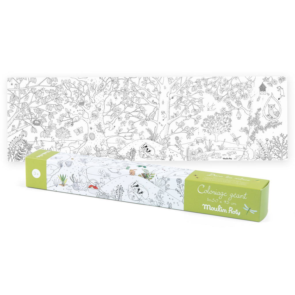 A giant coloring poster featuring a detailed forest theme with trees, animals, and plants in black and white. The packaging is green and white.
