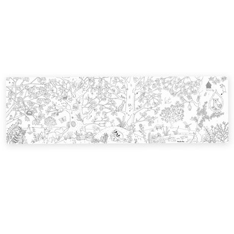 Intricate black and white illustration of a lively forest scene. Trees, birds, foxes, and an owl in a hammock create a whimsical and detailed nature setting.