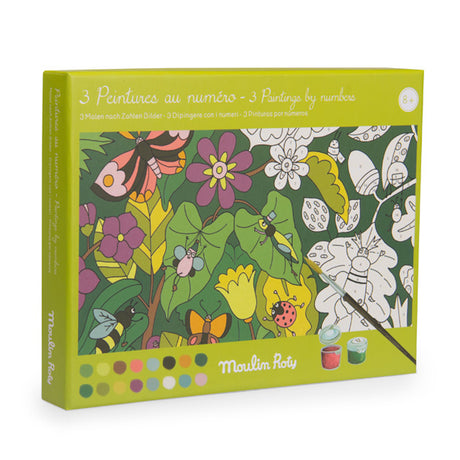 Box with "3 Paintings by Numbers" kit from Moulin Roty. The vibrant design features colorful insects and flowers. Includes paintbrush and paint pots.