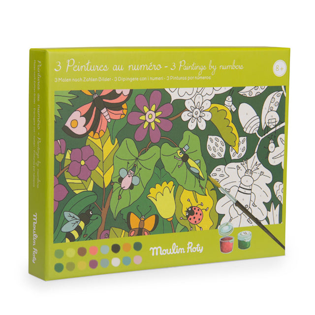 Box with "3 Paintings by Numbers" kit from Moulin Roty. The vibrant design features colorful insects and flowers. Includes paintbrush and paint pots.