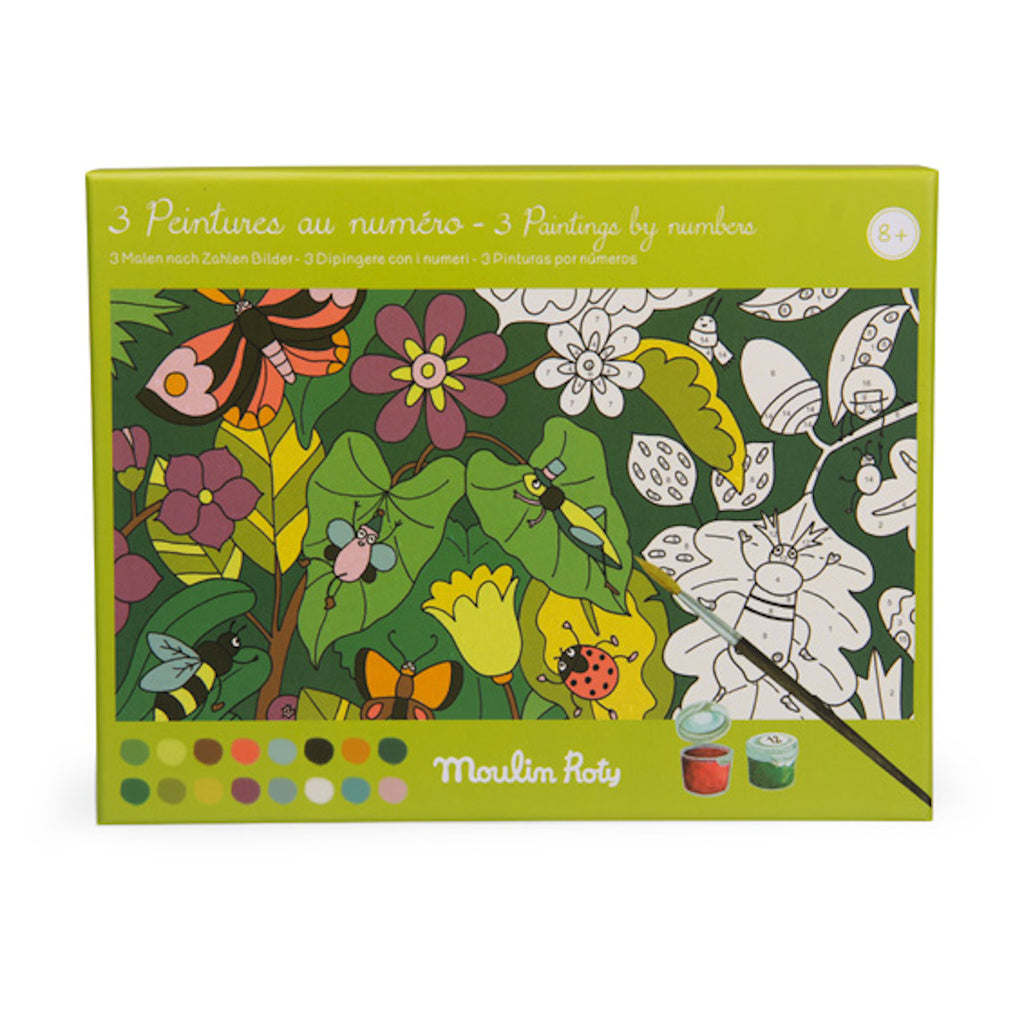 Box with "3 Paintings by Numbers" kit from Moulin Roty. The vibrant design features colorful insects and flowers. Includes paintbrush and paint pots.