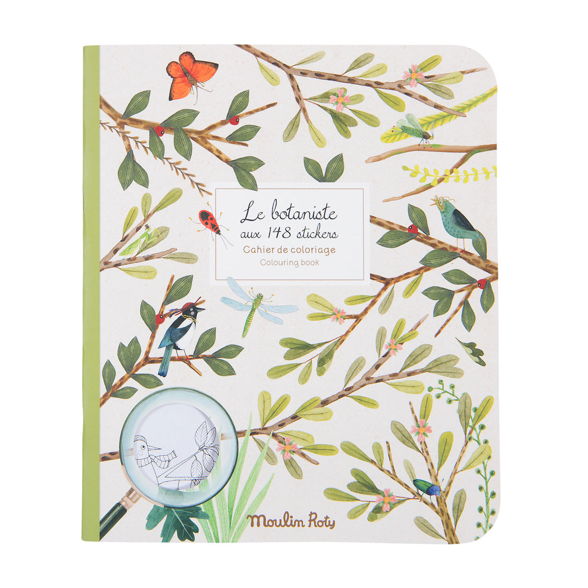 Cover of a coloring book titled "Le botaniste," featuring branches with leaves, butterflies, ladybugs, dragonflies, and birds on a light background.