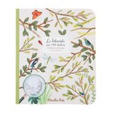Cover of a coloring book titled "Le botaniste," featuring branches with leaves, butterflies, ladybugs, dragonflies, and birds on a light background.