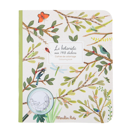Cover of a coloring book titled "Le botaniste," featuring branches with leaves, butterflies, ladybugs, dragonflies, and birds on a light background.