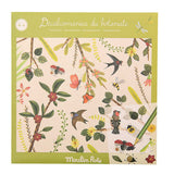Packaging of "Décalcomanies du botaniste" transfers featuring vibrant illustrations of birds, insects, and plants. Bright and whimsical design for ages 4+.