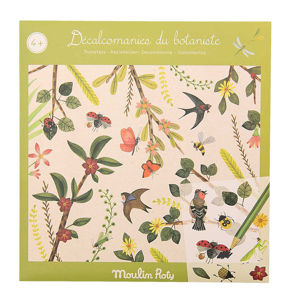 Packaging of "Décalcomanies du botaniste" transfers featuring vibrant illustrations of birds, insects, and plants. Bright and whimsical design for ages 4+.