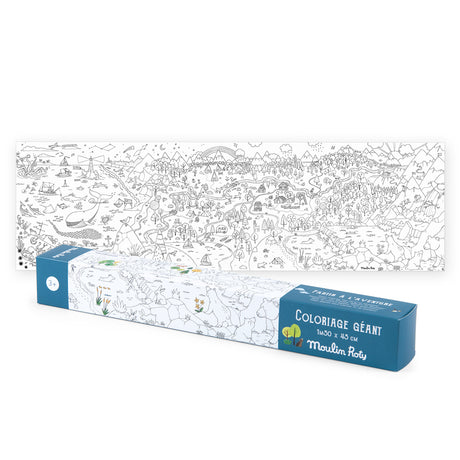 A large, detailed coloring poster shows a whimsical landscape with mountains, trees, and small villages. A blue box labeled "Coloriage Géant" is in the foreground.