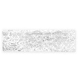 Intricate black-and-white line drawing of a whimsical landscape featuring mountains, forests, lakes, and various small structures, evoking a playful tone.