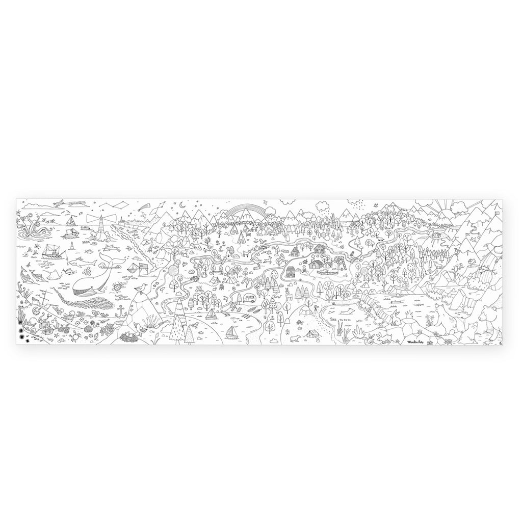 Intricate black-and-white line drawing of a whimsical landscape featuring mountains, forests, lakes, and various small structures, evoking a playful tone.