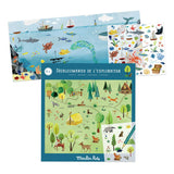 Children's decal set with two scenes: an ocean with marine life, boats, and a treasure chest, and a forest with animals, trees, and a tent; vibrant and playful.