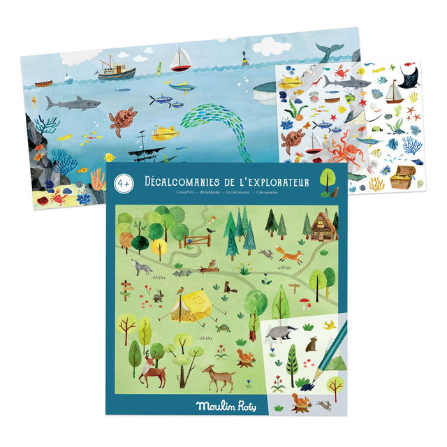Children's decal set with two scenes: an ocean with marine life, boats, and a treasure chest, and a forest with animals, trees, and a tent; vibrant and playful.