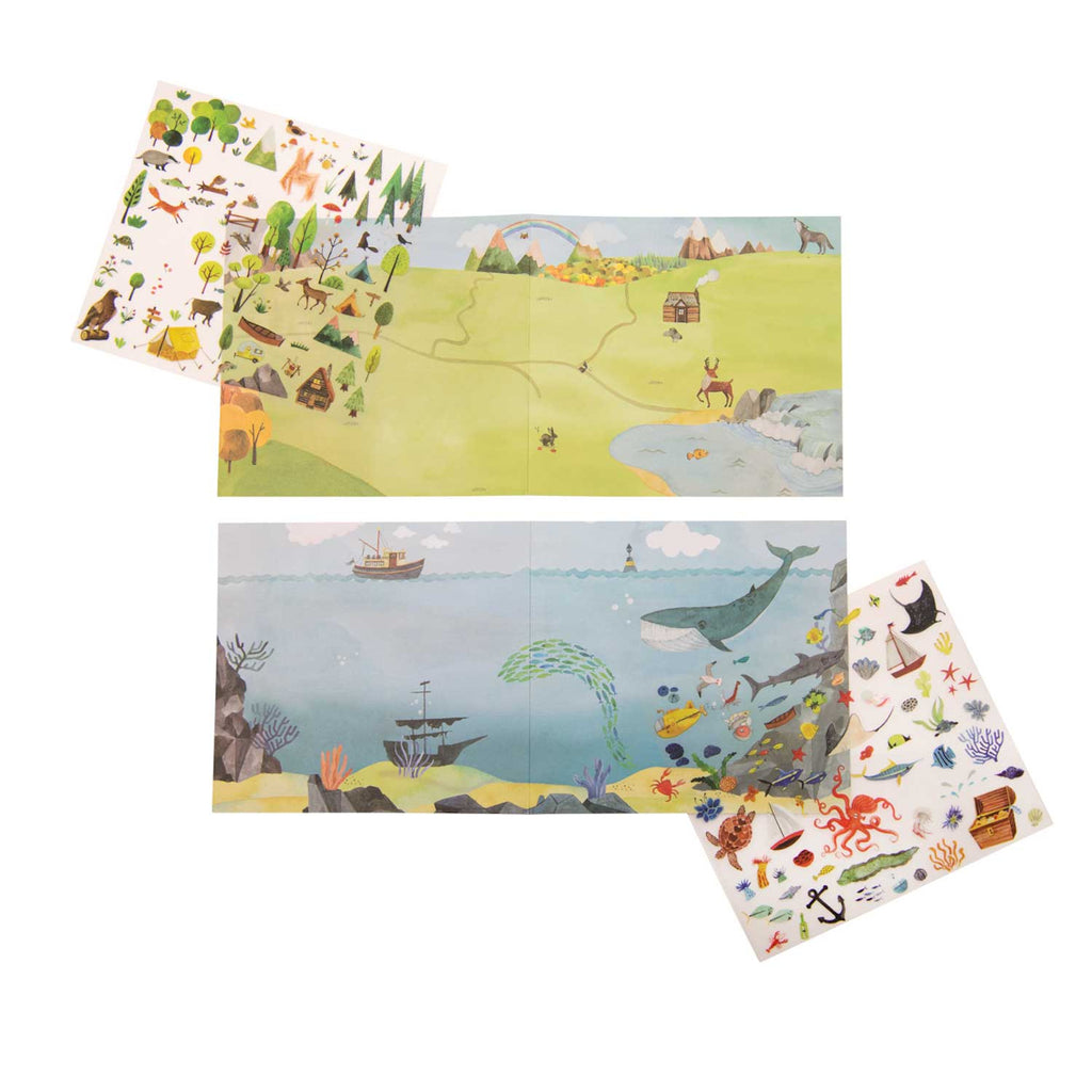 Illustrated map featuring a colorful land and sea scene. Top shows a camping ground with animals and trees. Bottom depicts an underwater world with sea creatures and ships. Two sheets of themed stickers are beside the map, adding playful interaction.