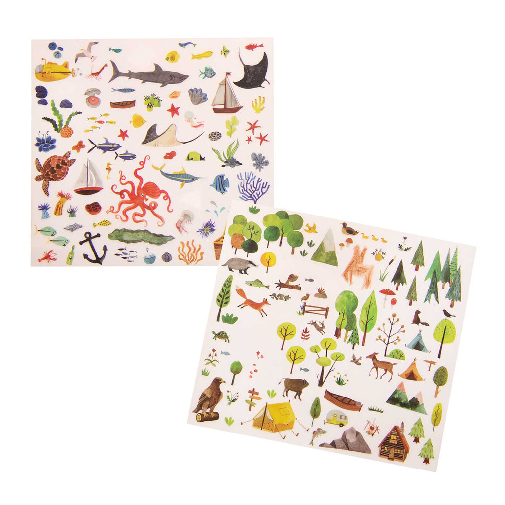 Illustrated map featuring a colorful land and sea scene. Top shows a camping ground with animals and trees. Bottom depicts an underwater world with sea creatures and ships. Two sheets of themed stickers are beside the map, adding playful interaction.