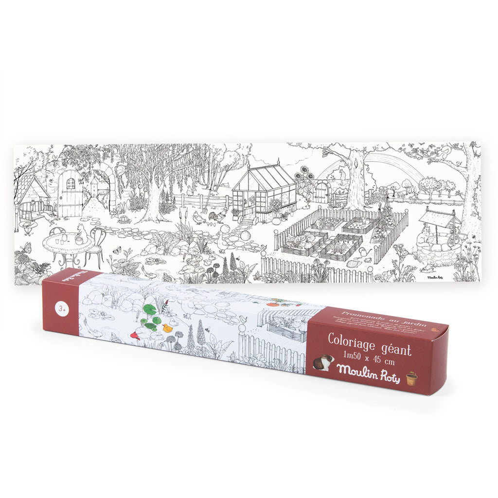 Black and white illustrated garden scene with trees, a greenhouse, and fenced garden beds. It appears on packaging labeled "Coloriage géant" by Moulin Roty.