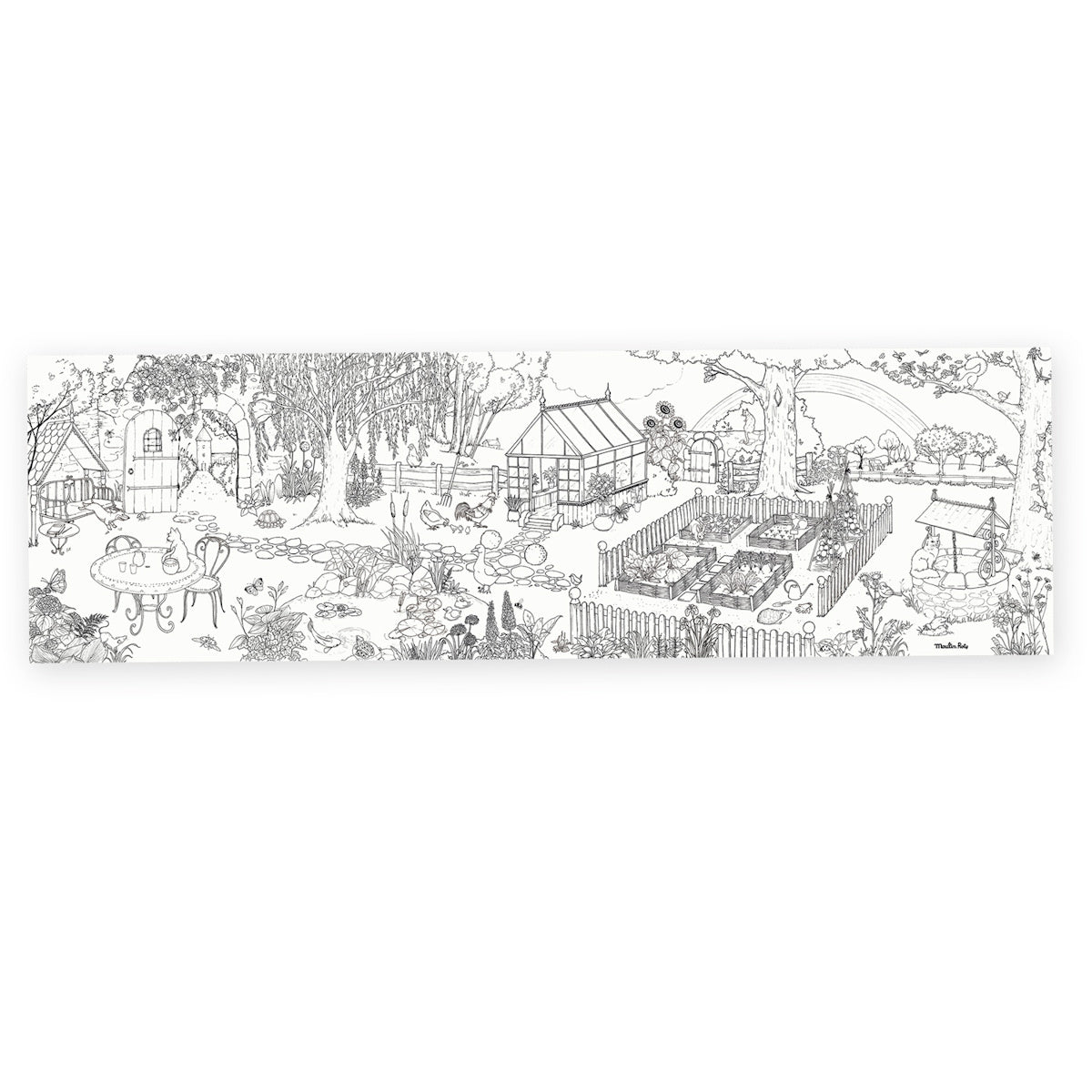 Illustrated garden scene features a greenhouse, pond with lilies, trees, vegetable patches, and a well. Dotted with pathways, evokes a peaceful rural vibe.