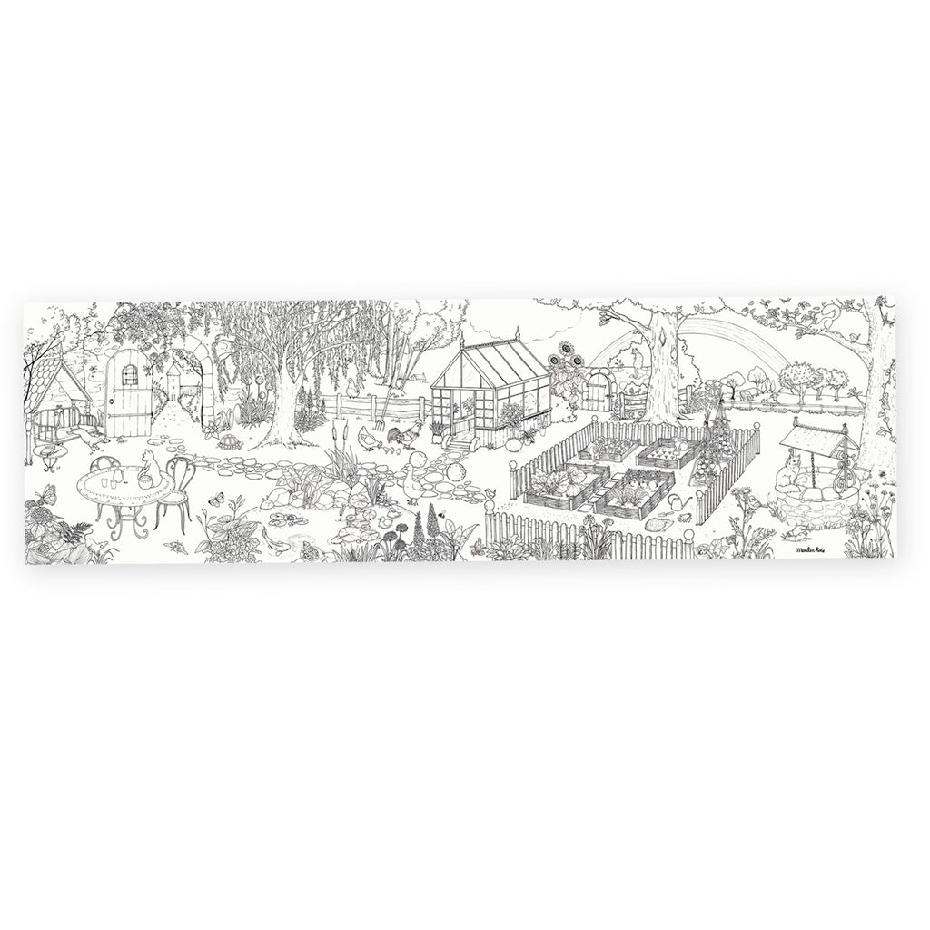 Illustrated garden scene features a greenhouse, pond with lilies, trees, vegetable patches, and a well. Dotted with pathways, evokes a peaceful rural vibe.