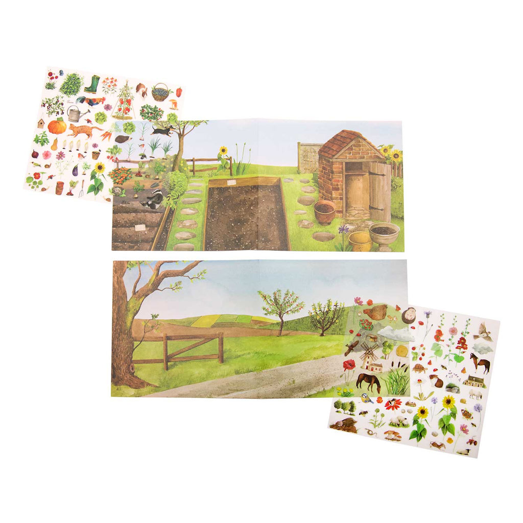 Illustrated garden scene with a shed, vegetable plots, and a tree-lined path. Includes sheets of garden-related stickers, like plants and tools.