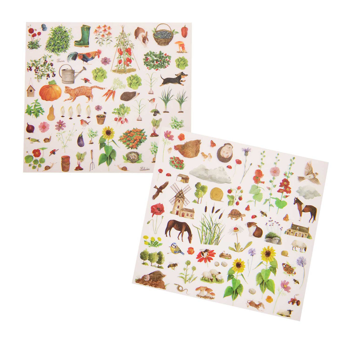 Moulin Roty Le Jardin du Moulin gardener transfer sheets with vegetables animals flowers and countryside illustrations.