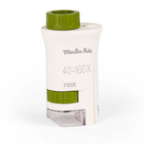 Moulin Roty Le Jardin du Moulin white and green pocket microscope with 40 to 160x magnification and focus dial.