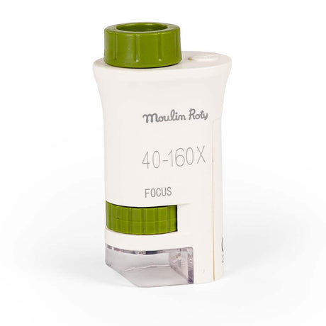 Moulin Roty Le Jardin du Moulin white and green pocket microscope with 40 to 160x magnification and focus dial.