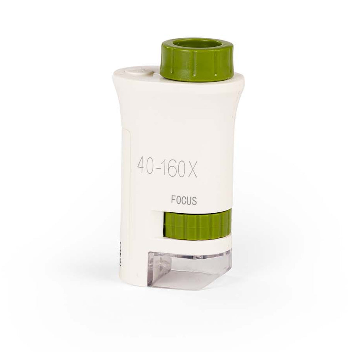 Moulin Roty Le Jardin du Moulin compact white and green pocket microscope 40 to 160x magnification back view for kids.