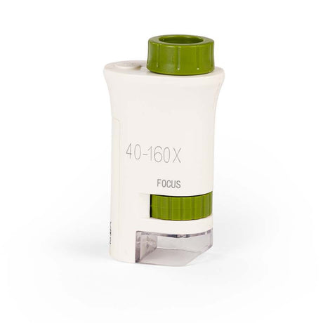 Moulin Roty Le Jardin du Moulin compact white and green pocket microscope 40 to 160x magnification back view for kids.
