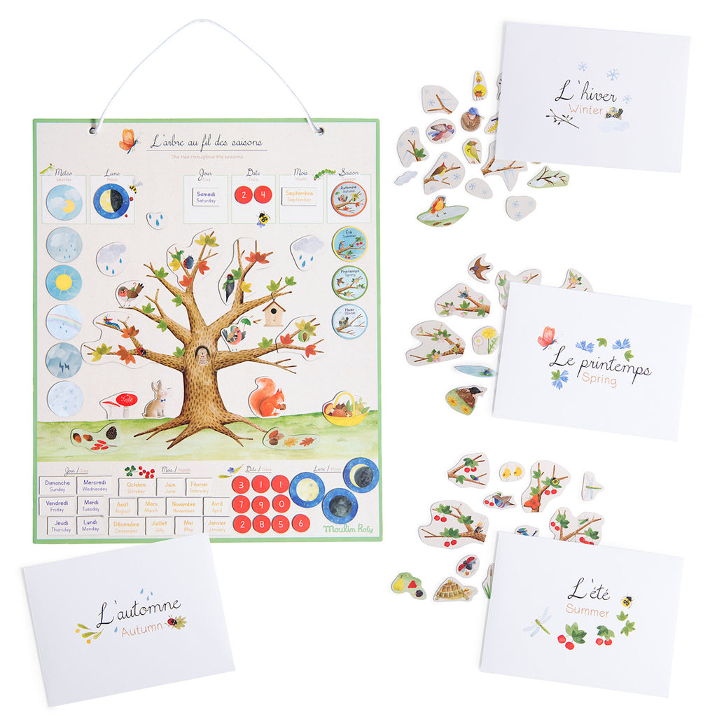 Illustrated educational calendar with a tree depicting seasons. Labels show days, months, and seasons. Features small cards with seasonal imagery.