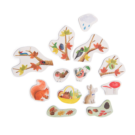 Moulin Roty Le Jardin du Moulin seasons magnetic calendar autumn pieces with squirrel rabbit mushroom and fallen leaves.
