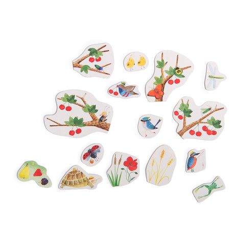 Moulin Roty Le Jardin du Moulin seasons magnetic calendar summer pieces with cherries birds butterfly turtle and insects.