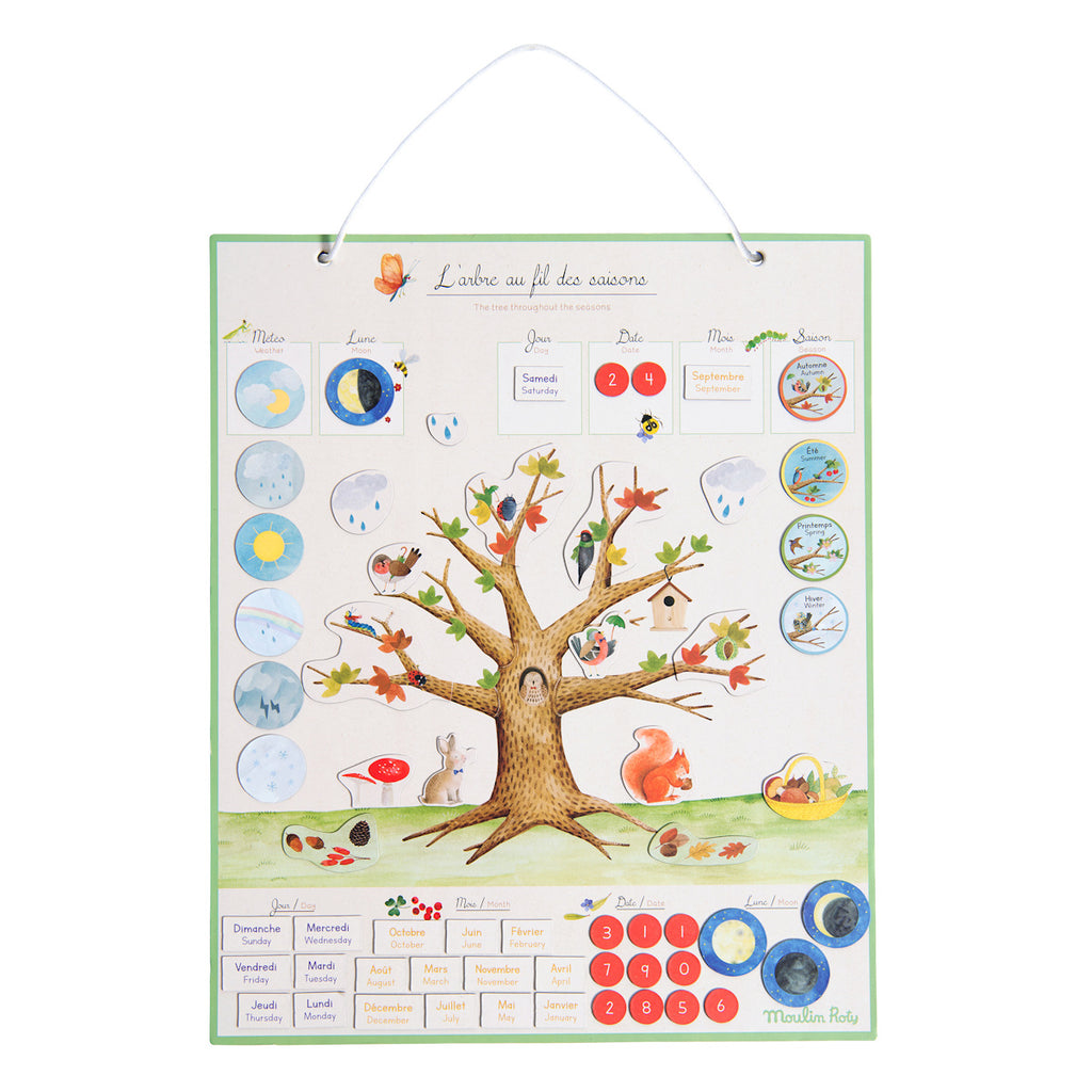 Illustrated calendar board showing a tree in various seasons. It includes phases of the moon, weather symbols, days, and months, with playful forest animals.