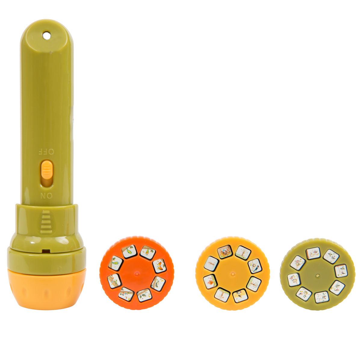 An olive green and orange children's flashlight sits beside three colored discs with tiny illustrated images. The mood is playful and educational.