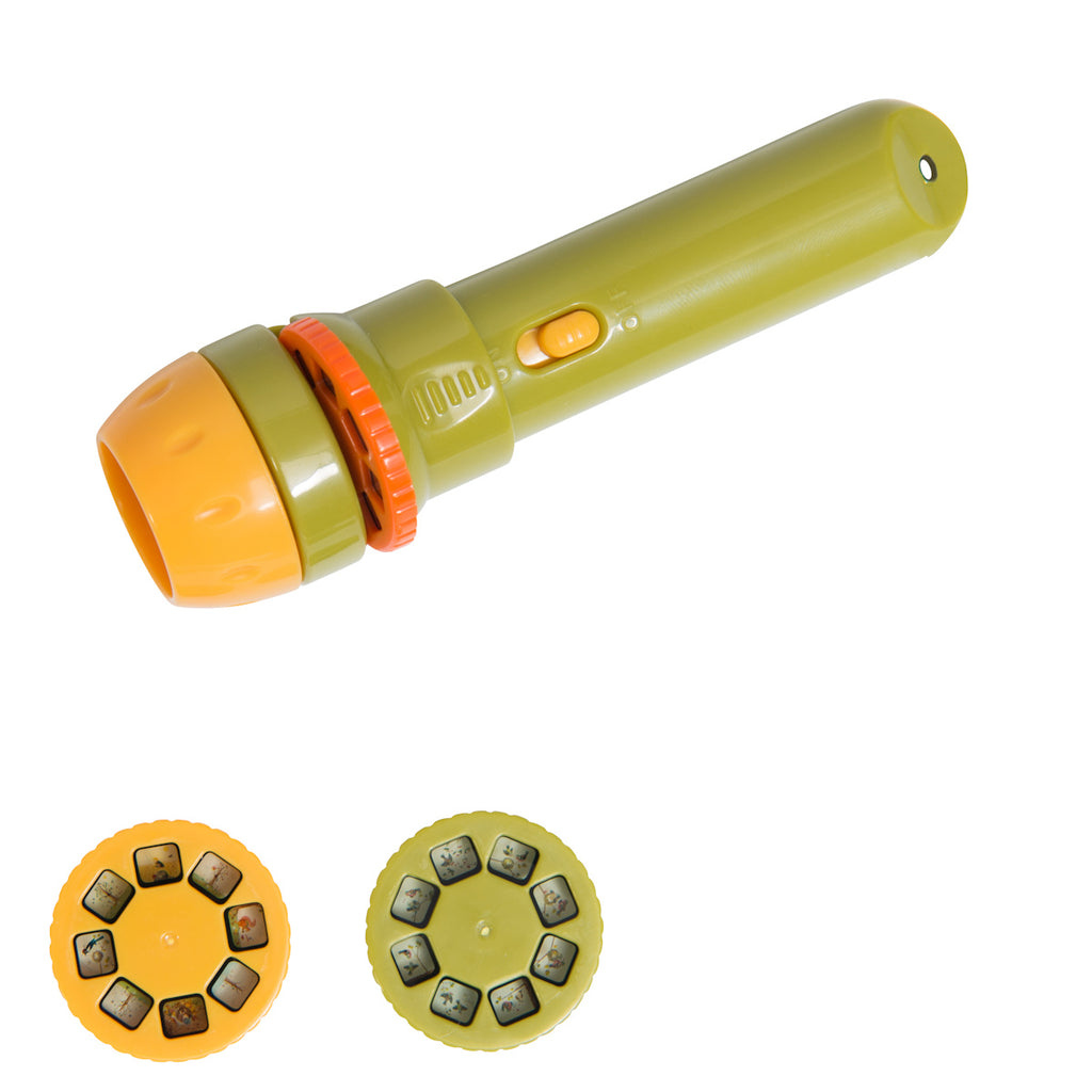 An olive green and orange children's flashlight sits beside three colored discs with tiny illustrated images. The mood is playful and educational.